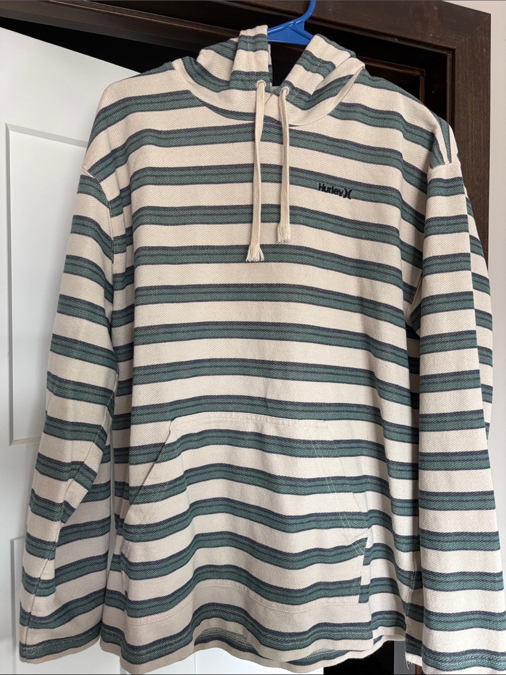 Hurley Striped Pullover Hoodie in Cream and Teal